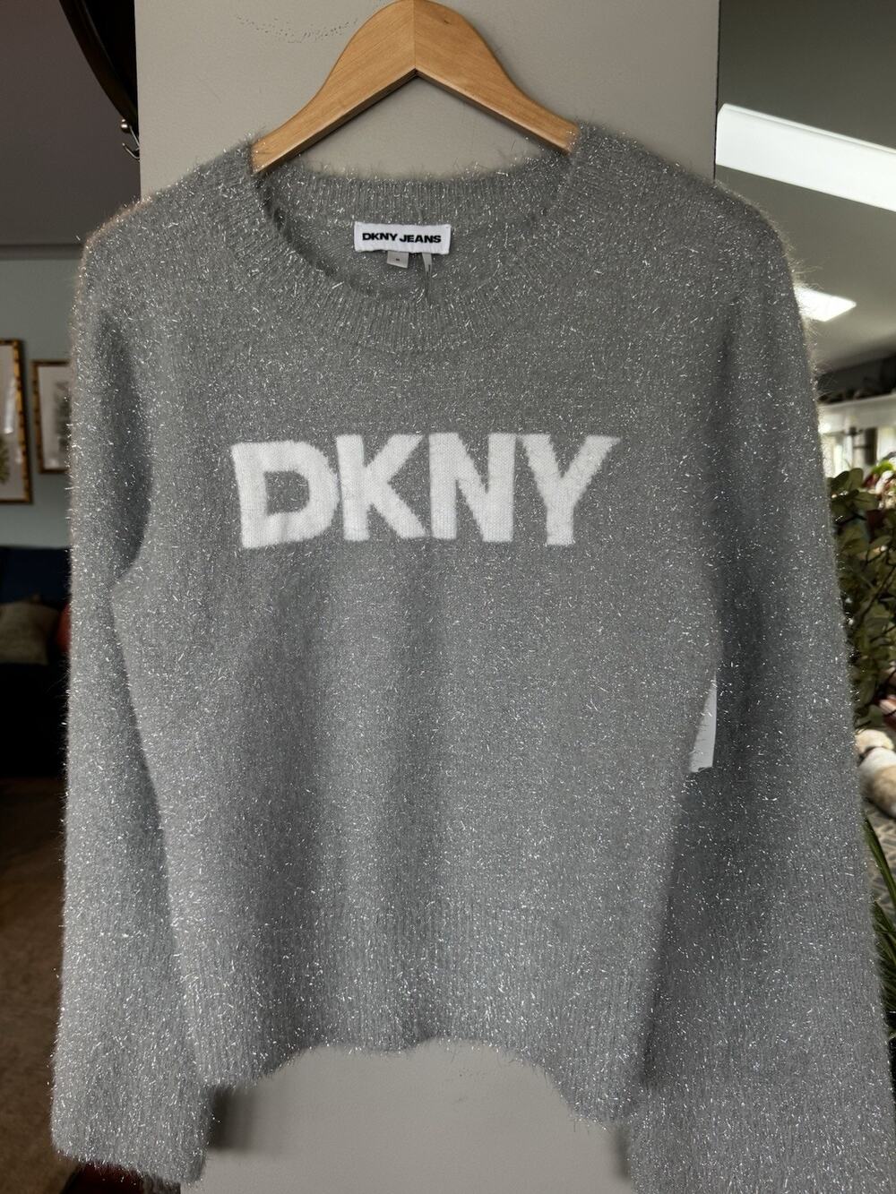 NWT DKNY Metallic Fuzzy Sweater Sz Med Silver Grey Bold Logo Sparkly Holiday